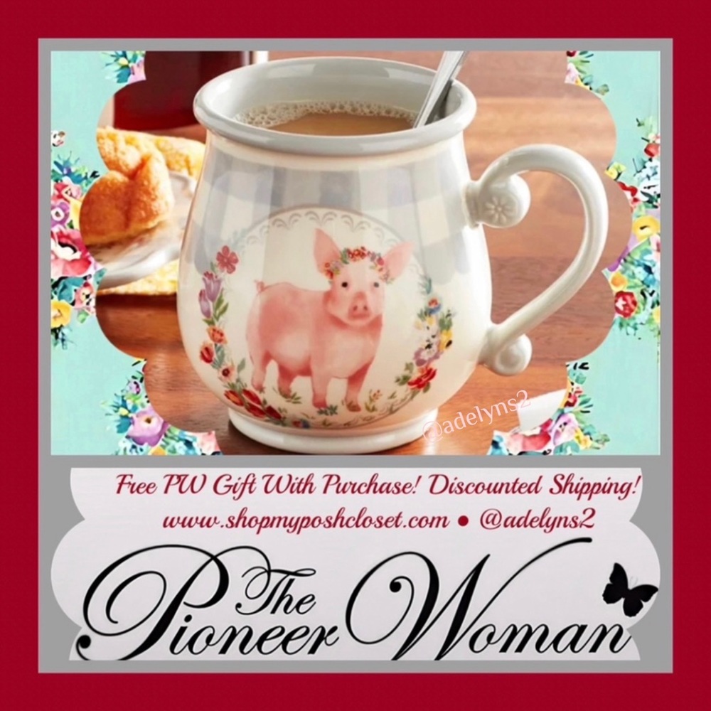 🌺 New Pioneer Woman Pink Pig Gray Gingham Checks Mug, Qty 1